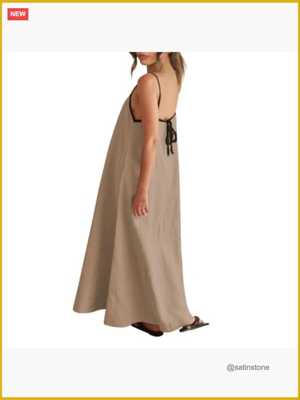 Linen Maxi Dress with Contrast Trim, Spaghetti Straps, Backless, Side Pockets - Picture 4 of 7